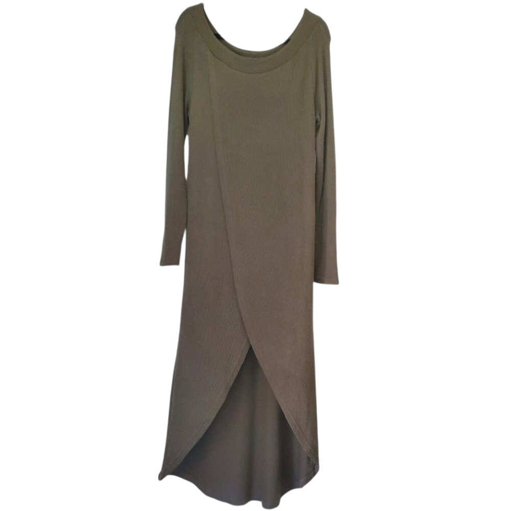 VENUS Long Sleeve Olive Knit Sweater Hi-low Split Front Boat Neck Floor Length L - Picture 2 of 7